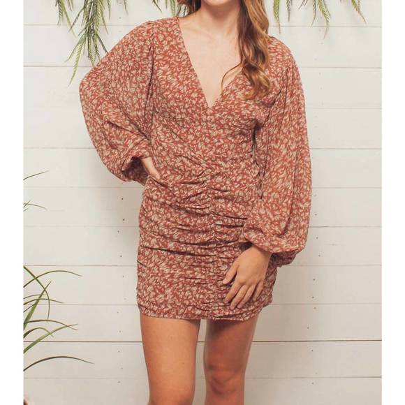 NEW HYFVE animal print ruched mini dress in mauve - Picture 1 of 2